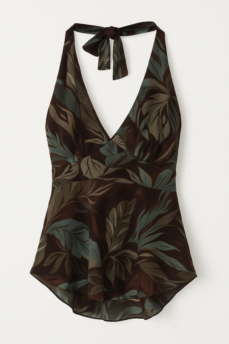 Michael Kors Silk Tropical Print Halter Top Frayed Sheer Edge